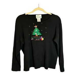 Quacker‎ Factory Sweatshirt Women's Size Small Christmas Presents Tree Black